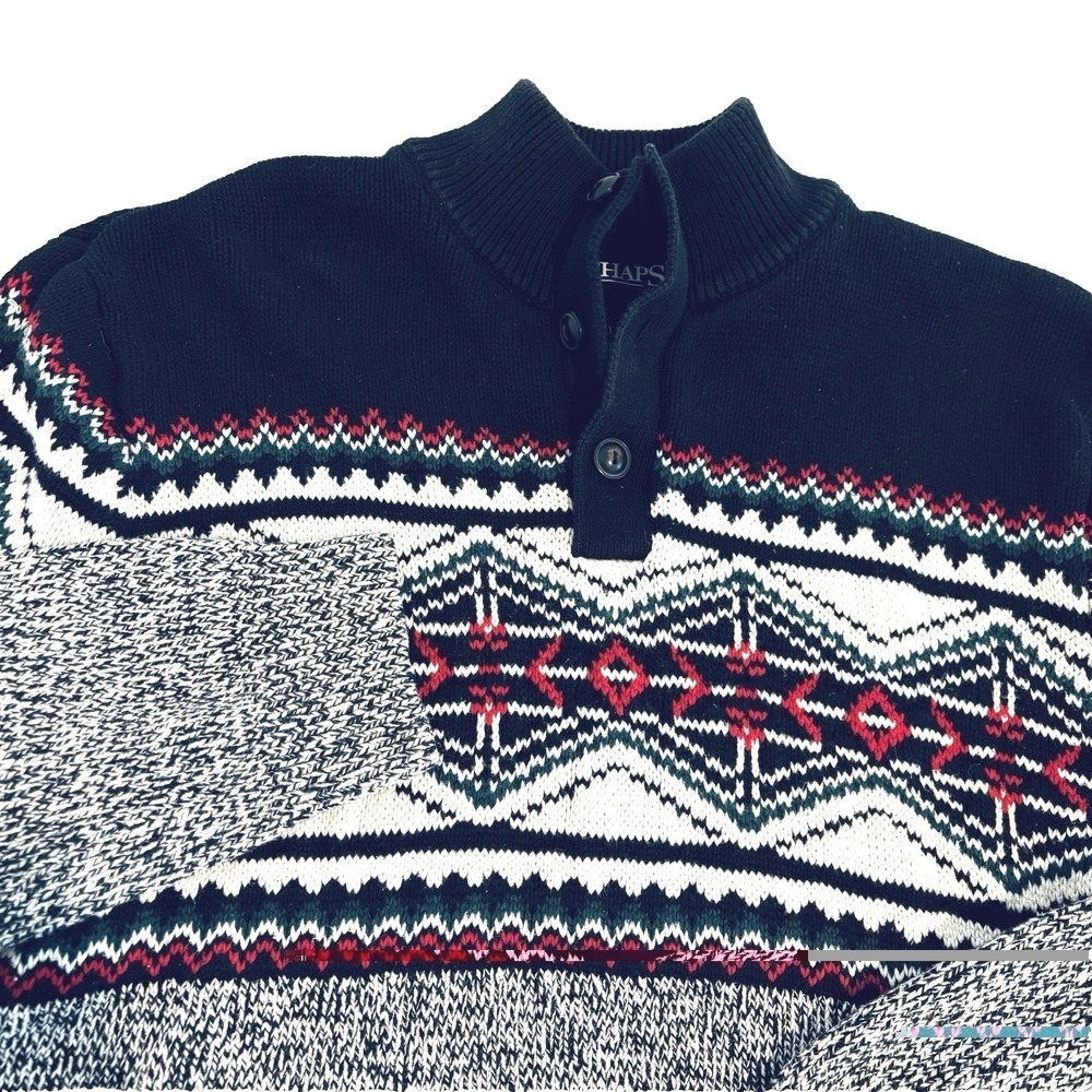 Chaps Fair Isle Pullover Sweater Men M Navy Gray Cotton Ribbed Stand Up Collar